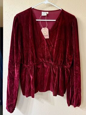 Grace & Emma Burgundy Velvet Wrap Blouse